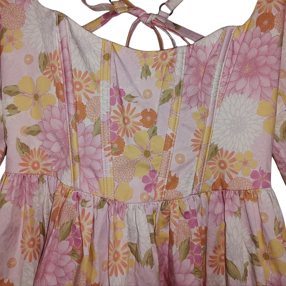 For Love And Lemons Carrie Floral Milkmaid Style Midi Dress With Puff Sleeves - Picture 3 of 6